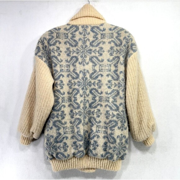 Vtg Hilda Ltd Cardigan Women S Cream Blue Wool Knit Icelandic Shawl Collar 80s - Picture 2 of 12